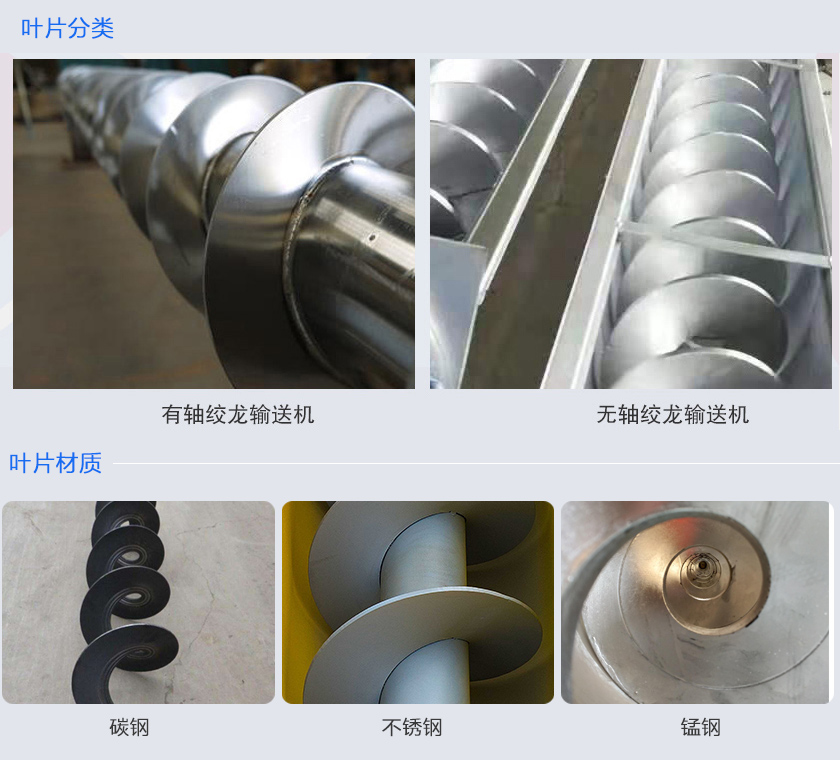 絞龍輸送機(jī)分為有軸和無(wú)軸絞龍輸送機(jī)，可根據(jù)物料不同選擇有碳鋼、不銹鋼、錳鋼等材質(zhì)。